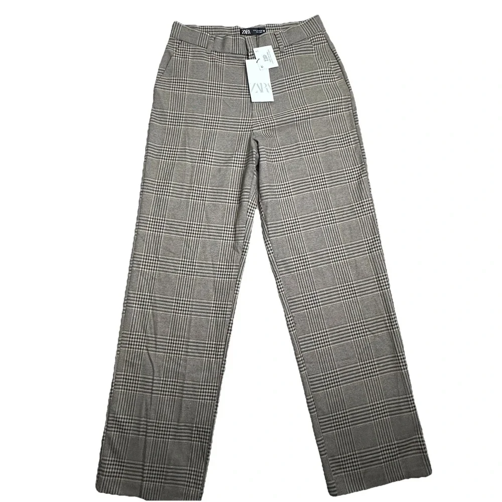 ZARA Women M Brown Glen Plaid High Rise Tailored Straight Leg Dress Pants‎